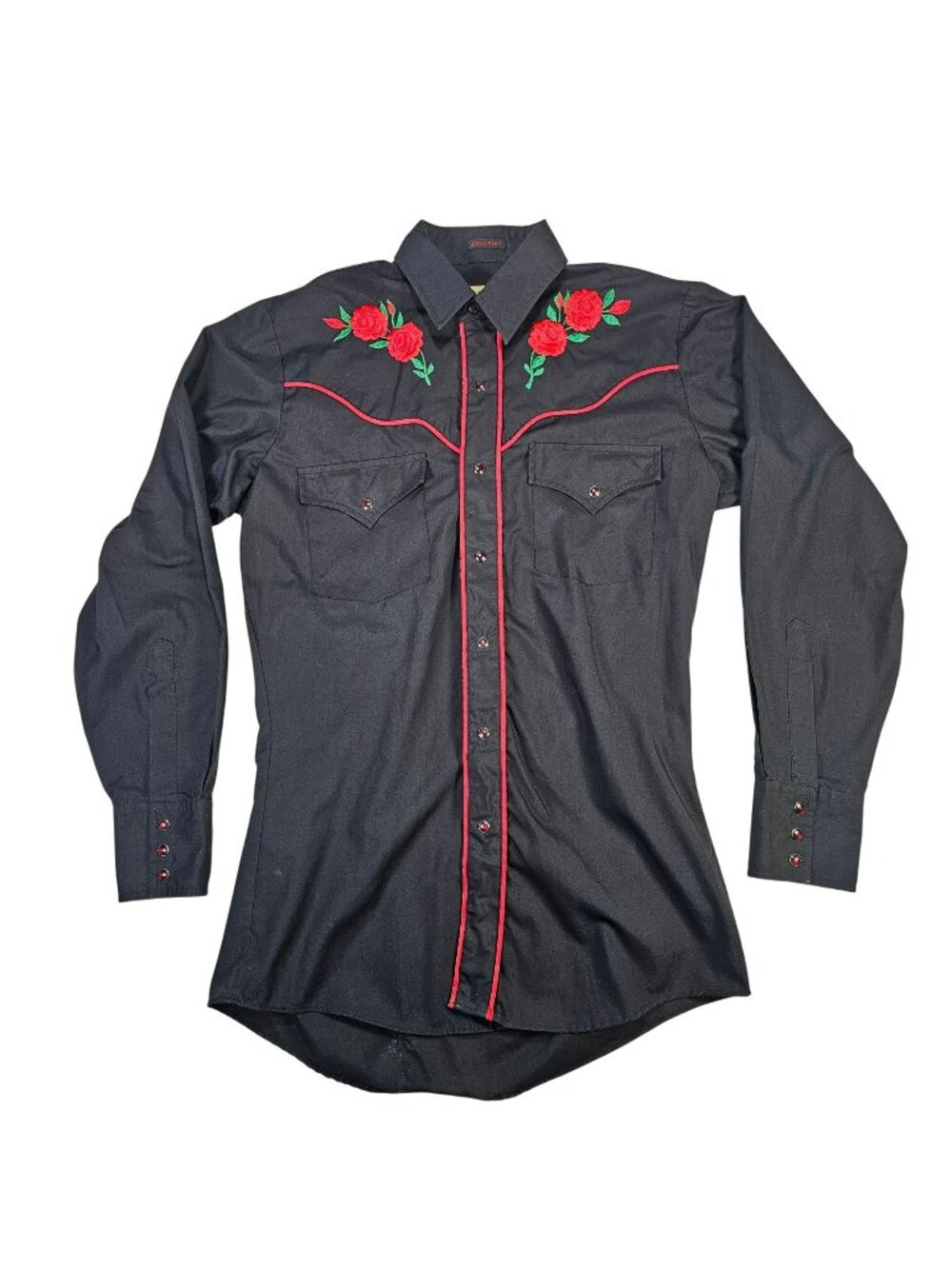 Ely Cattleman American Rose Pearl Snap Shirt Embroidery Piping Mens Size S Black